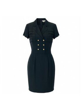 Chanel C Vintage Silk Dress Double Buttons Gold 36 Sizes Black